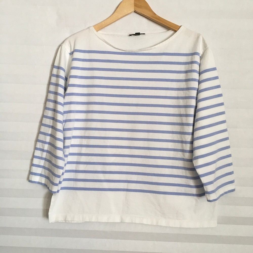 J.Crew Womens Top Size L 100% Cotton Long‎ Sleeve White Blue Striped Pull Over